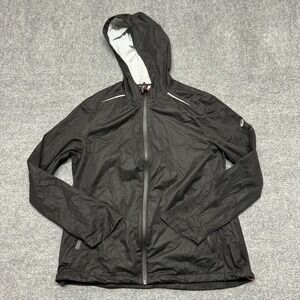 ASICS Jacket Womens XL Black Hooded Windbreaker Running Reflective Lightweight